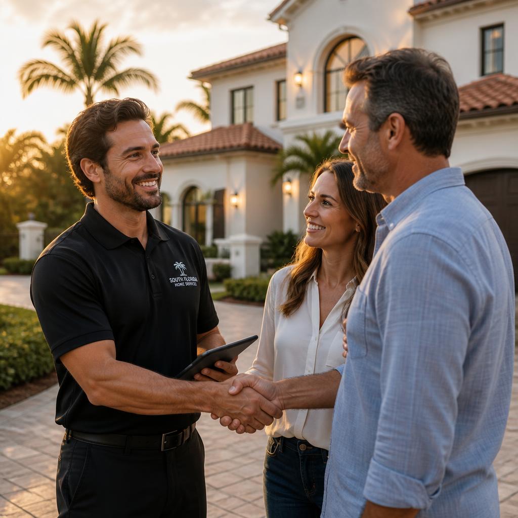 A trusted home service professional greeting happy homeowners in front of a beautiful South Florida home